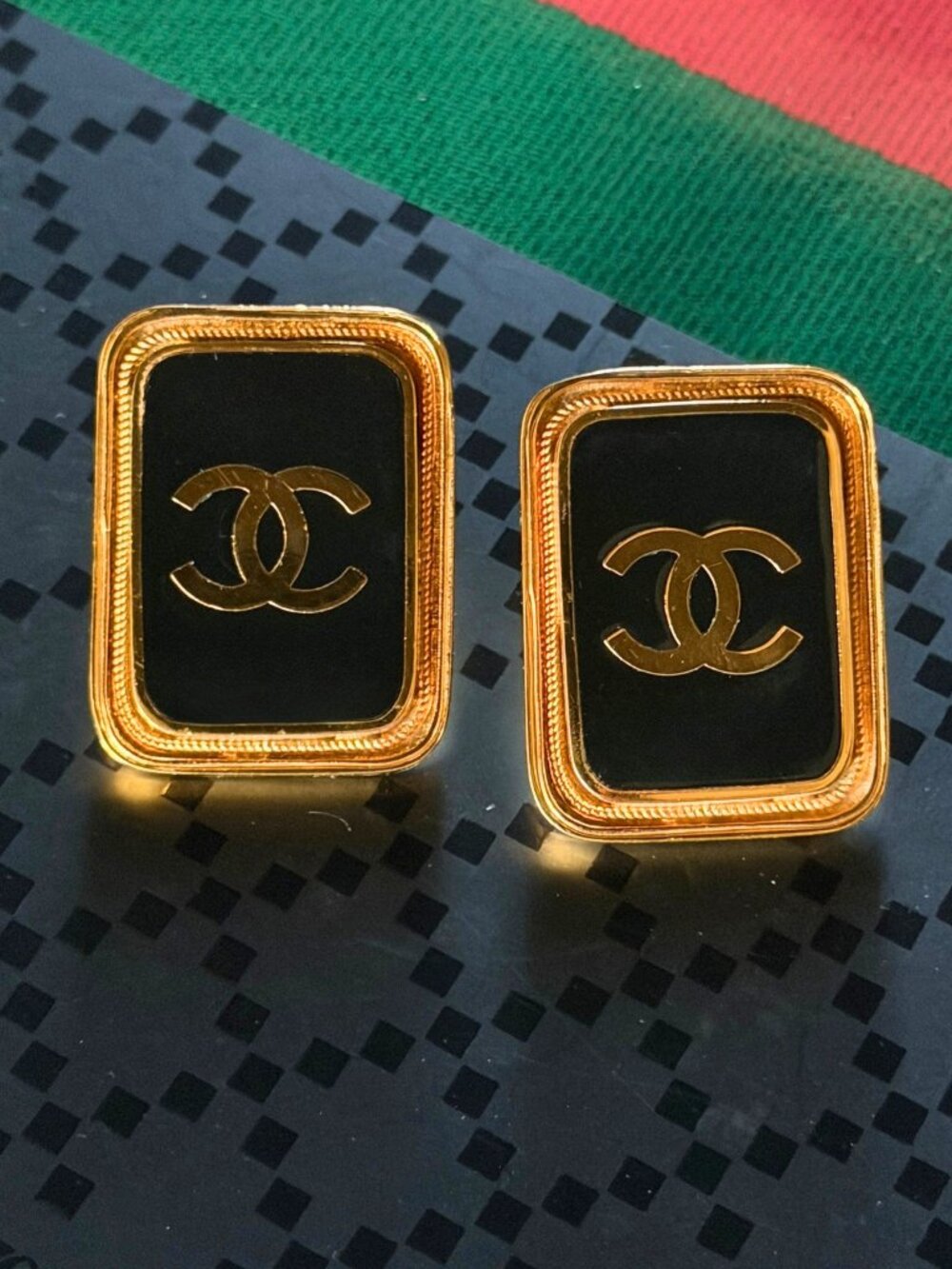 RARE Vintage Chanel Spring 1993 Black Gold CC Clip-On Earrings Signed 93A